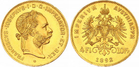 Austria 4 Florin / 10 Francs 1892 Restrike
KM# 2260, N# 23664; Gold (.900) 3.22 g., 19 mm; Franz Joseph I; UNC with mint luster