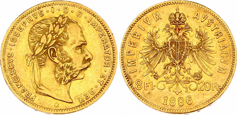Austria 8 Florin / 20 Francs 1886
KM# 2269; Gold (.900), 6.45 g. Mintage 139657...