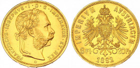 Austria 8 Florin / 20 Francs 1892 Restrike
KM# 2269, N# 17723; Gold (.900) 6.45 g., 21 mm.; Franz Joseph I; UNC with mint luster