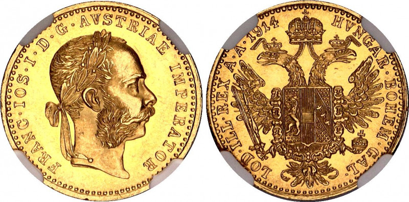 Austria Dukat 1914 NGC MS 65
KM# 2267, N# 26247; Gold (.986) 3.49 g., 20 mm.; F...