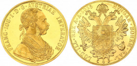 Austria 4 Dukat 1915 Restrike
KM# 2276; Franz Joseph I. Gold (.986) 13.96 g. Proof.