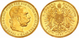 Austria 10 Corona 1897
KM# 2805; Herinek 383; Gold (.900) 3.39 g.; Franz Joseph I; Mint: Vienna; Mintage 1,803,000; AU-UNC