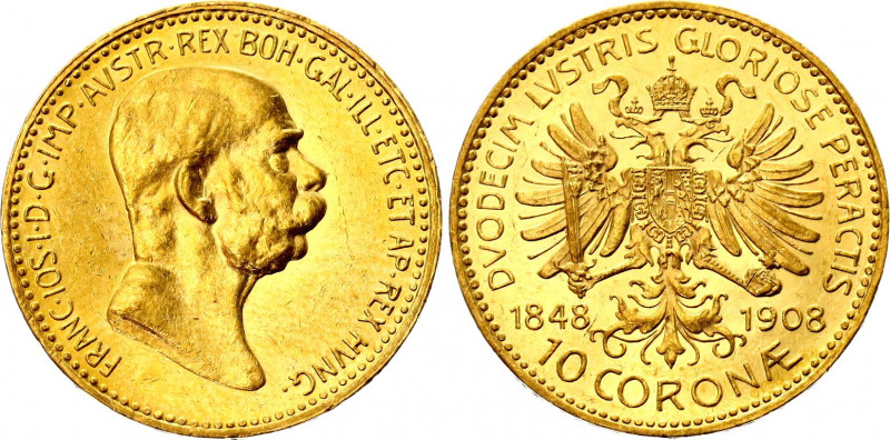 Austria 10 Corona 1908 
KM# 2810, N# 33243; Gold (.900) 3.39 g., 18.95 mm.; 60t...