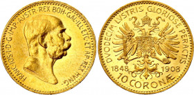 Austria 10 Corona 1908 
KM# 2810, N# 33243; Gold (.900) 3.39 g., 18.95 mm.; 60th Anniversary of the Reign of Franz Joseph I; AUNC/UNC with mint luste...