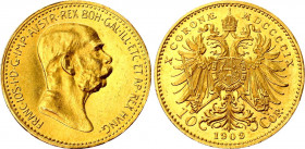 Austria 10 Corona 1909
KM# 2815, N# 14762; Gold (.900) 3.38 g., 18.95 mm.; Franz Joseph I; AUNC with hairlines