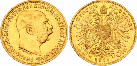 Austria 10 Corona 1911
KM# 2816; Herinek 390; Gold (.900) 3.39 g.; Franz Joseph I; Mint: Vienna; Mintage 1,285,667; UNC