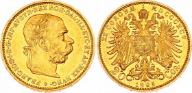 Austria 20 Corona 1895
KM# 2806; Franz Joseph I, Vienna Mint. Gold (.900) 6.78 g. Mintage 2,266,000. UNC with mint luster.