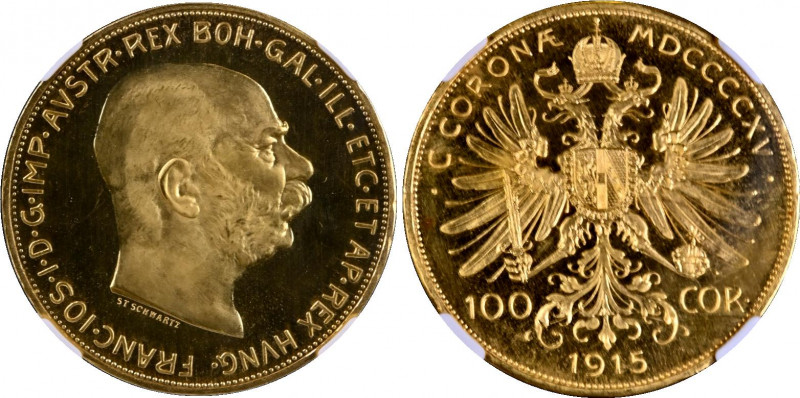 Austria 100 Corona 1915 Original Strike NGC PF 67 CAMEO
KM# 2819, N# 15147; Gol...