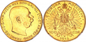 Austria 100 Corona 1915 Restrike NGC MS 66
KM# 2819, N# 15147; Gold (.900) 33.8 g., 37 mm.; Franz Joseph I; With full mint luster