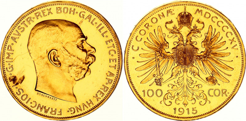 Austria 100 Corona 1915 Restrike
KM# 2819, N# 15147; Gold (.900) 33.87 g., 37 m...
