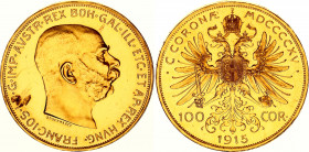 Austria 100 Corona 1915 Restrike
KM# 2819, N# 15147; Gold (.900) 33.87 g., 37 mm., Proof; Franz Joseph I