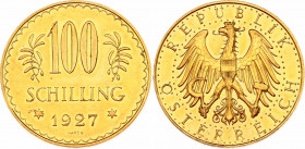 Austria 100 Schilling 1927
KM# 2842; Fr# 520; N# 15149; Gold (.900) 23.52 g.; Mint: Vienna; UNC Prooflike