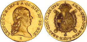 Austrian Netherlands 1 Souverain 1792 E Karlsburg RRR
KM# 43; Her# 15; N# 26308; Gold (.919) 11.11 g.; Leopold II; Mint: Karlsburg; XF, mint luster, ...