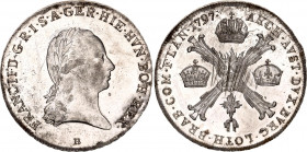 Austrian Netherlands 1/4 Kronentaler 1797 B
KM# 60; Silver 7.34 g.; Franz II; Mint: Kremnitz; UNC, full mint luster.