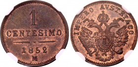 Austria Lombardy-Venetia 1 Centesimo 1852 M NGC MS 64 RB
C# 29, N# 19467; Date above "M"; Copper; Franz Joseph I; With red mint luster