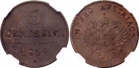 Austria Lombardy-Venetia 5 Centesimi 1852 M NGC MS 62 BN
C# 31, N# 15611; Copper; Franz Joseph I