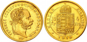 Hungary 4 Forint / 10 Francs 1870 KB
KM# 454.2; N# 33836; Gold (.900) 3.20 g., 19 mm.; Franz Joseph I; XF