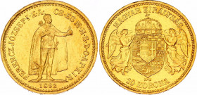 Hungary 10 Korona 1892 KB
KM# 485; Gold (.900) 3.39 g.; Franz Joseph I; Mint: Kremnitz; Mintage 1,086,806 together with 1893; AUNC