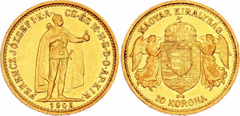 Hungary 10 Korona 1905 KB
KM# 485; Gold (.900) 3.39 g.; Franz Joseph I; Mint: K...