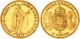 Hungary 10 Korona 1910 KB
KM# 485; Gold (.900) 3.39 g.; Franz Joseph I; Mint: Kremnitz; Mintage 1,361,815; AU-UNC