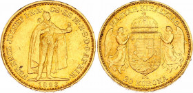 Hungary 20 Korona 1893 KB
KM# 486; Franz Joseph I, Kremnitz. Gold (.900) 6,78g. Mintage 5,088,822. UNC.