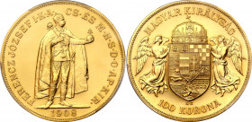 Hungary 100 Korona 1908 KB Restrike PCGS MS66
KM# 491; ÉH# 1488; H# 2197; Adamo# K10; N# 33828; Gold (.900) 33.88 g.; Franz Joseph I; MInt: Kremnitz;...