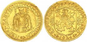 Czechoslovakia Dukat 1924 
KM# 8; Gold (.986) 3.49 g. Kremnitz mint. Mintage 32,814 pc. AUNC, small damages on the rim; Svatováclavský dukát 1924.