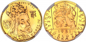 Czechoslovakia Dukat 1981 NGC MS 68 TOP COIN
Fr# 22; 600 Years of Karl IV death. Gold (.986) 3.49 g. Kremnitz mint. Mintage 2.138 pc; Karel IV. (1316...