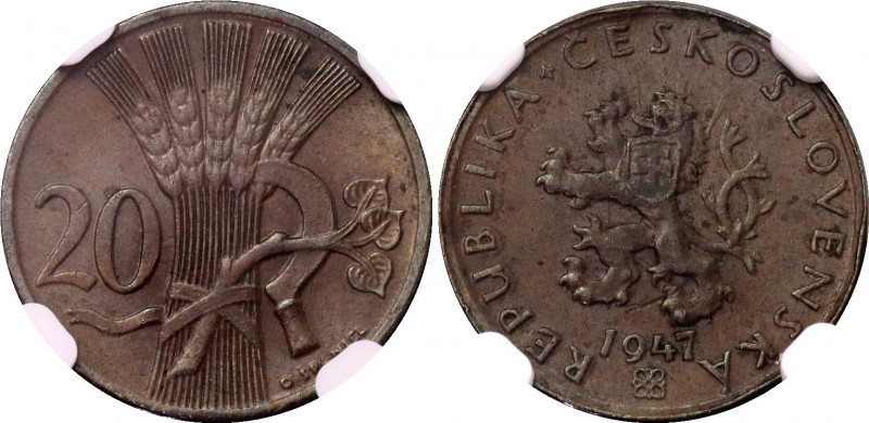 Czechoslovakia 20 Haleru 1947 NGC AU 58 BN
KM# 20; Schön# 23; N# 10029; Bronze;...
