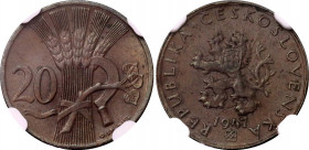Czechoslovakia 20 Haleru 1947 NGC AU 58 BN
KM# 20; Schön# 23; N# 10029; Bronze; Mint: Kremnitz; AUNC