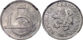 Czechoslovakia 5 Korun 1952 G NGC MS 64
KM# 34; N# 19985; Aluminium; Trial strike; Mint: Kremnitz; UNC