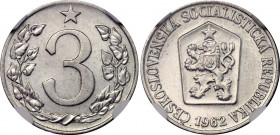 Czechoslovakia 3 Halere 1962 NGC MS 65
KM# 52; Schön# 54; N# 3275; Aluminium; Mint: Kremnitz; UNC