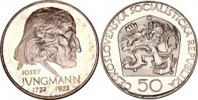 Czechoslovakia 50 Korun 1973 Jungmann Proof
KM# 79; 200th Anniversary - Birth of Josef Jungmann. Silver, Proof. Mintage 5000 Only. In Original sealed...