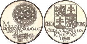Czechoslovakia 100 Korun 1993 Proof
KM# 163; Slovak Museum Society Centennial. Slovenska Muzealni Spolecnots. Silver, Proof. Mintage 3000 Only. In Or...