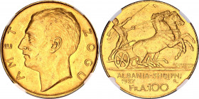 Albania 100 Franga Ari 1927 R NGC MS 61
KM# 11a.1. Zog I. No star below bust. Gold (.900), 32.25g. Mintage 5000.