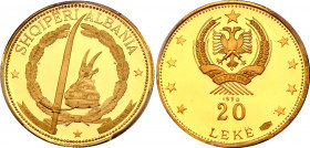 Albania 20 Leke 1970 PCGS PR68 DCAM
KM# 51.5; N# 33927; Without "1 AR". Gold (.900); Mintage 500; Proof, Deep Cameo. Only 3 coins graded in PCGS and ...
