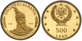 Albania 500 Leke 1968 PCGS PR67DCAM
KM# 56.1, Fr# 18; 500th Anniversary of Skanderbeg's Death - Prince Skanderbeg. Mintage 1520. Gold (.900), 98.74g....