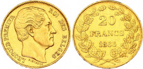 Belgium 20 Francs 1865
KM# 23, N# 11103; "L. WIENER"; Position A; Gold (.900) 6.45 g., 21 mm.; Leopold I; XF