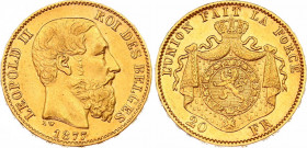 Belgium 20 Francs 1877
KM# 37, N# 7499; Finer beard; Gold (.900) 6.45 g., 21 mm.; Leopold II; XF