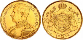 Belgium 20 Francs 1914
KM# 79, N# 19913; Position A, Dutch text; Gold (.900) 6.45 g., 21 mm.; Albert I; UNC