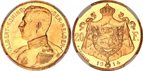 Belgium 20 Francs 1914 NGC MS 64
KM# 79; Schön# 32; Position A. Gold (.900) 6.45 g.; Albert I; Mint: Brussels; UNC, full mint luster. Rare condition....