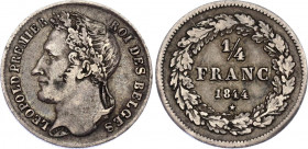 Belgium 1/4 Franc 1844
KM# 8; N# 260; Silver; Léopold I; Mint: Brussels; VF Toned