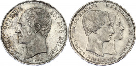 Belgium 5 Francs 1853
X# M2.2 (21.22); N# 30255; Silver 24.91 g.; Léopold I; Marriage of The Duke; Mintage 32000; AUNC Toned