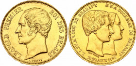 Belgium 100 Francs 1853
X# M3.1 (21-22); N# 27255; Gold (.916) 32.27 g.; Léopold I; Marriage of The Duke; Mintage 482; AUNC