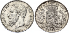 Belgium 5 Francs 1869
KM# 24; N# 276; Silver; Léopold II; Mint: Brussels; AUNC Toned