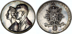 Belgium Silver Medal "Visit of Royal Couple to Mexico" 1965
Silver 29.46 g., 40 mm; Obv: Royal Couple / Rev: Coat of Arms in center, Recuerdo de la v...