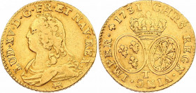 France Louis d'Or 1731 T
KM# 489.20; Dy# 1640; N# 16358; Gold (.917) 8.16 g.; Louis XV; Mint: Nantes; VF