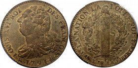 France 2 Sols 1791 A PCGS MS63
KM# 603.1 (the point is above the workshop letter); N# 3657; Brass; Louis XVI; Mint: Paris (Barnabite Convent); UNC