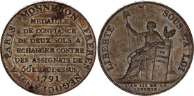 France 2 Sols 1791 Monneron
KM# Tn23; Bronze, UNC. Extremely rare condition! Mint luster!