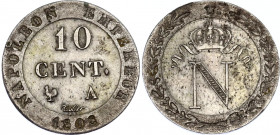 France 10 Centimes 1808 A
KM# 676.1; N# 1139; Billon; Napoléon I; Mint: Paris; XF-AUNC Toned